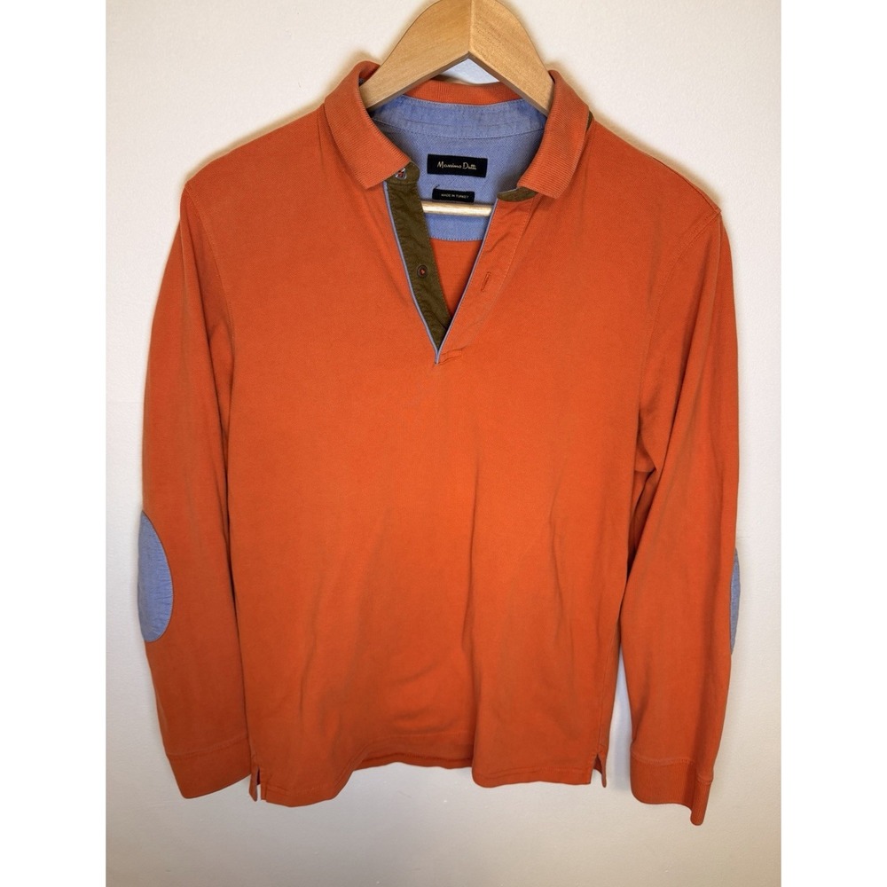 Massimo Dutti Mens Medium Orange Long Sleeve Polo Shirt Elbow Patch Cotton Rugby